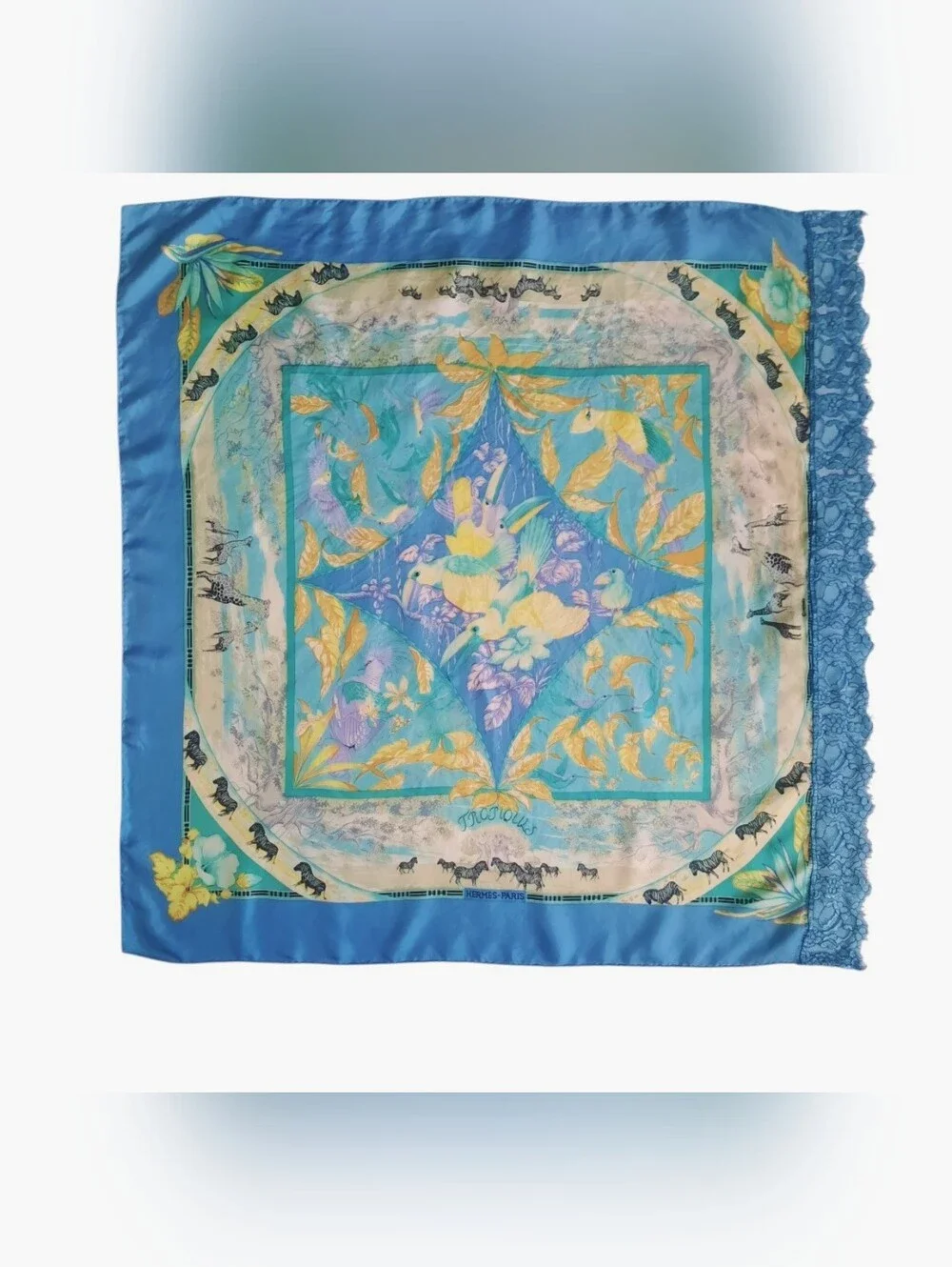 Vintage HERMÈS Tropiques Silk Twill Scarf 90cm Blue/Multi (Altered/Trim Added) - Picture 3 of 16